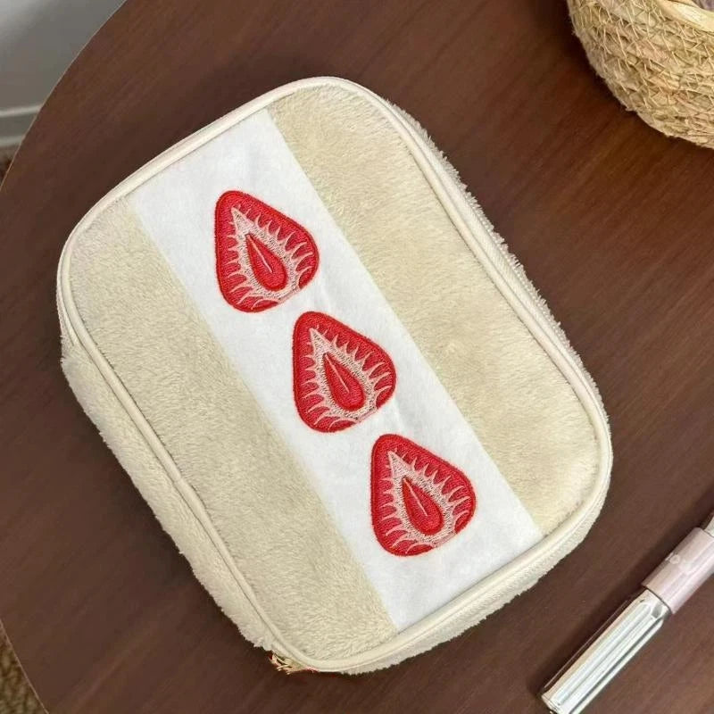 Cute Embroidered Strawberry Pencil Case