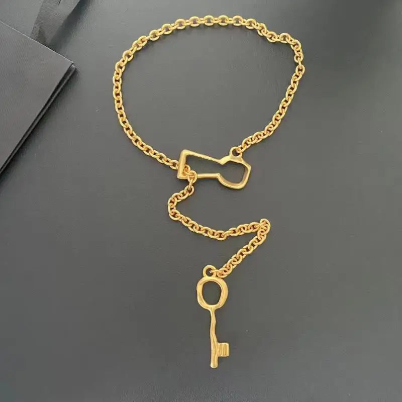 Gold Tone Chunky Chain Key Pendant Necklace for Women