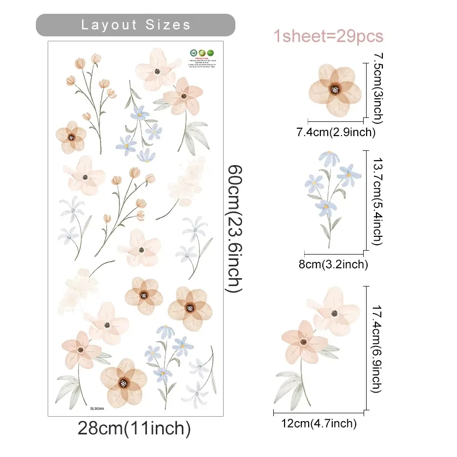 Boho Watercolor Floral Wall Stickers for Home Decor
