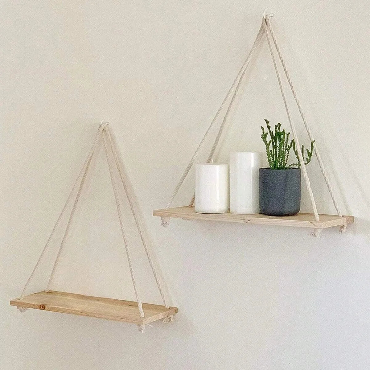 Boho Wooden Hanging Wall Shelf with Rope
