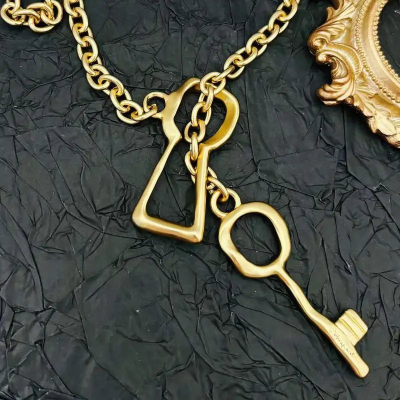 Gold Tone Chunky Chain Key Pendant Necklace for Women
