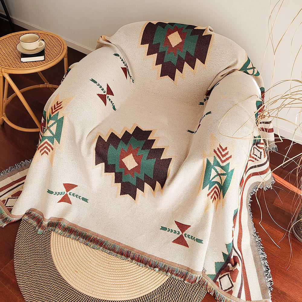 Aztec Boho Oversized Throw Blanket with Fringe