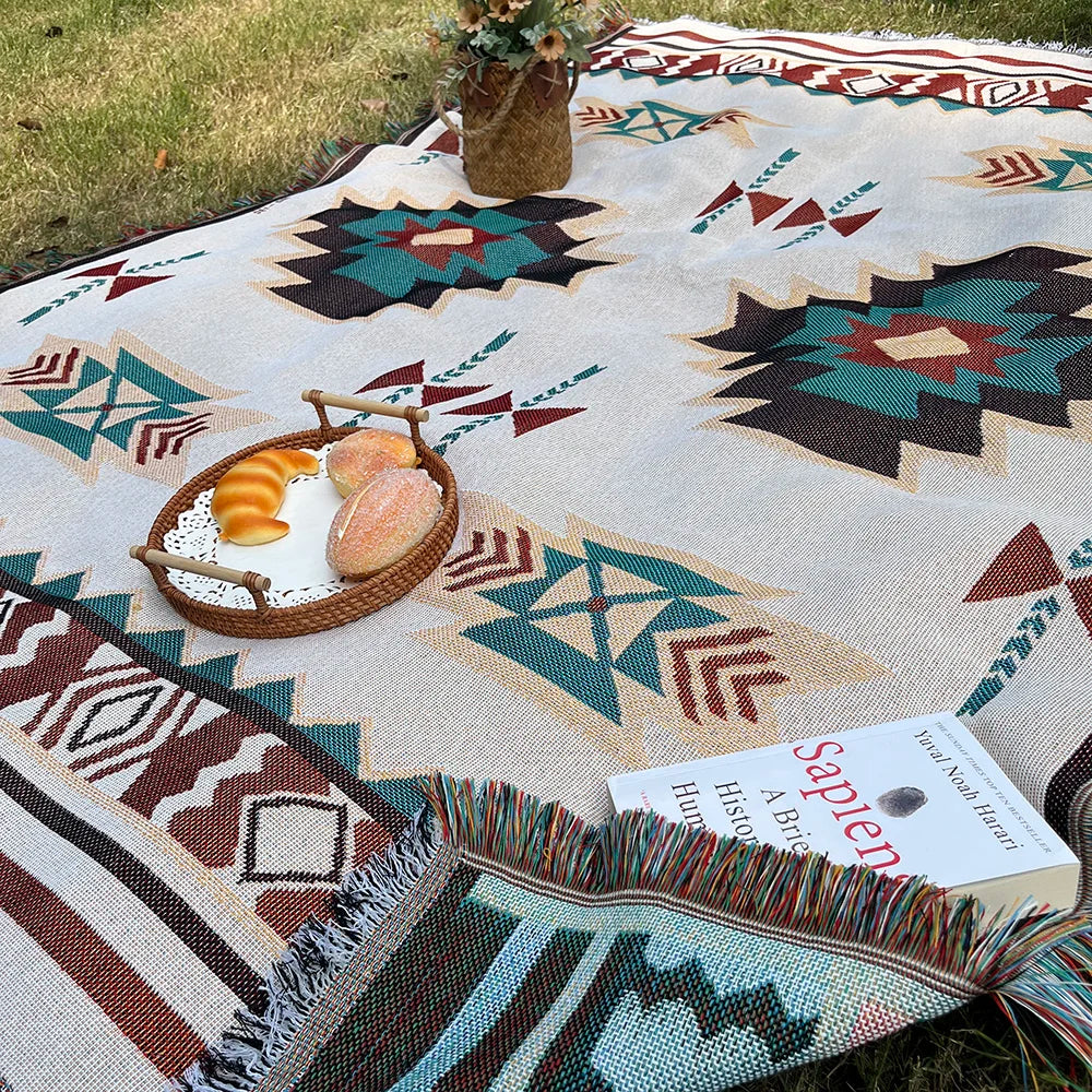 Aztec Boho Oversized Throw Blanket with Fringe