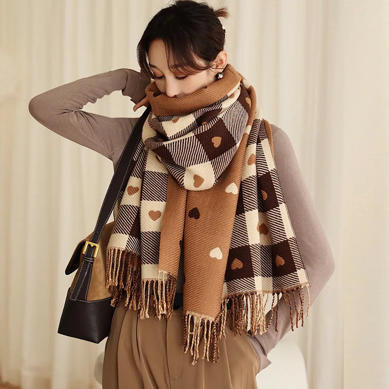 Women's Plaid Winter Scarf – Soft Warm Tassel Shawl