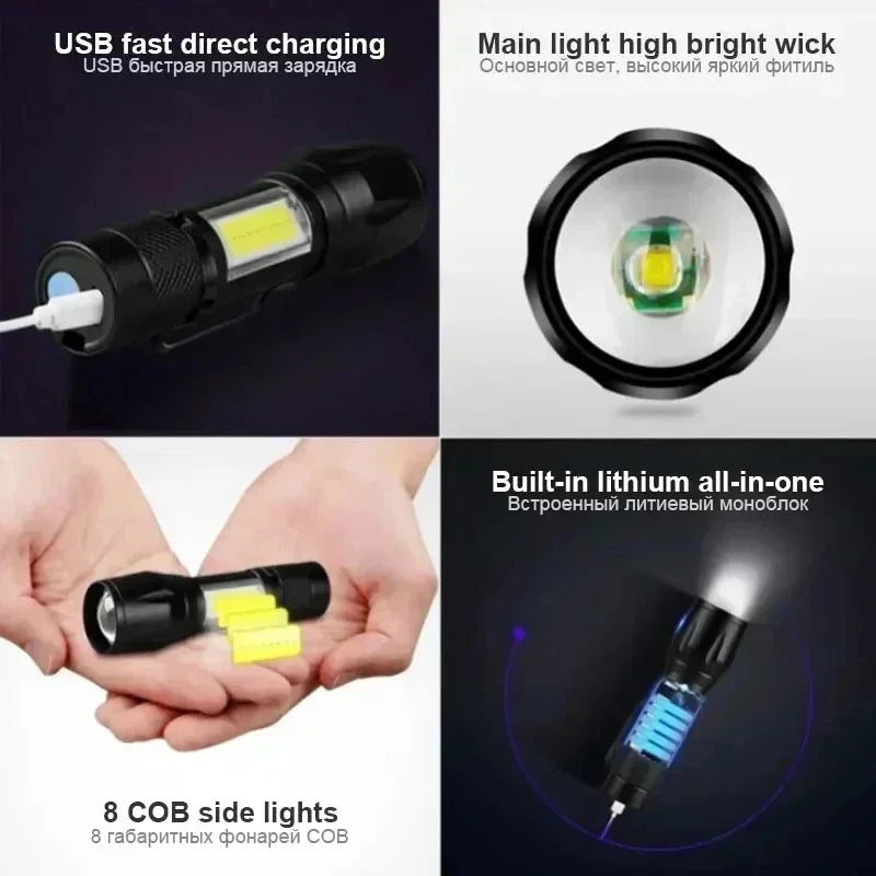 Portable Rechargeable Zoomable LED Flashlight with Pen Clip
