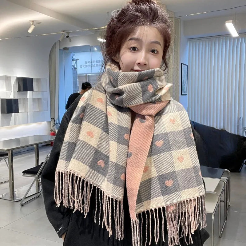 Women's Plaid Winter Scarf – Soft Warm Tassel Shawl