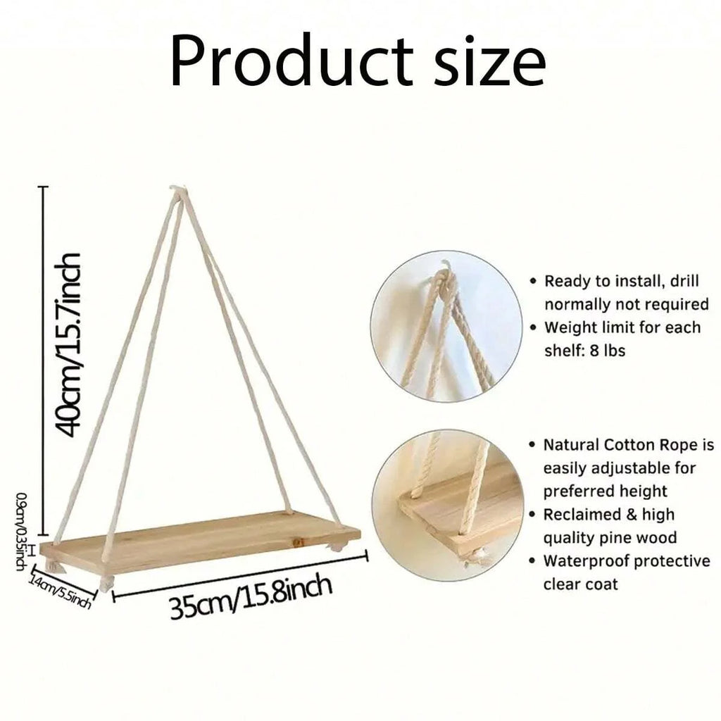 Boho Wooden Hanging Wall Shelf with Rope