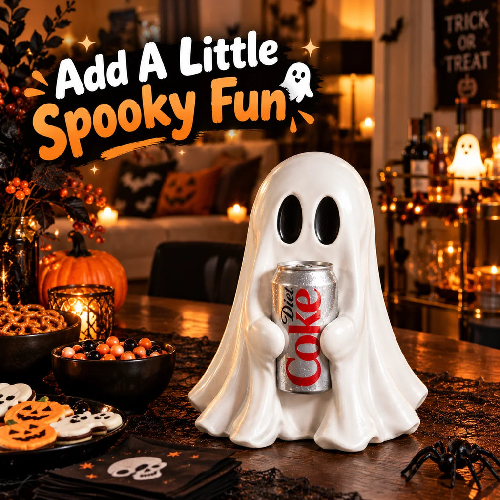 Cute Halloween Ghost Holding Soda Can – Funny Resin Tabletop Decor