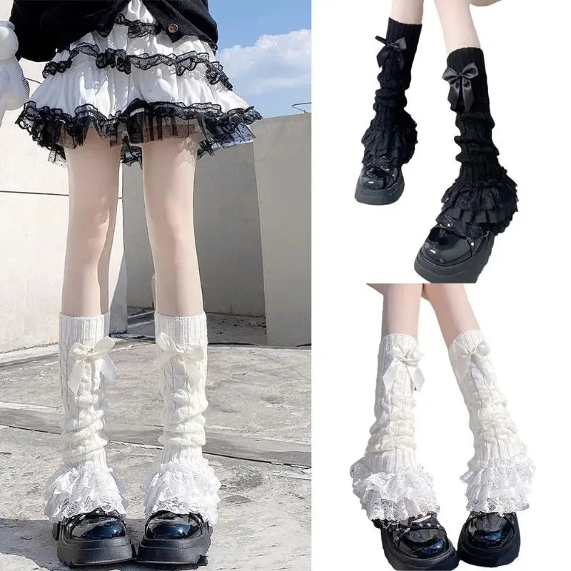 Women's Ruffled Knit Leg Warmers – Lace Bow Boot Socks