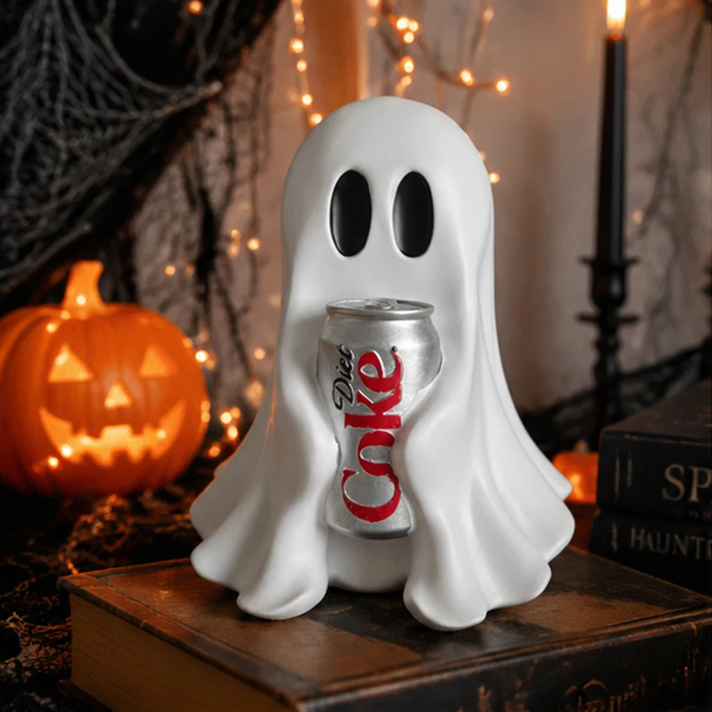 Cute Halloween Ghost Holding Soda Can – Funny Resin Tabletop Decor
