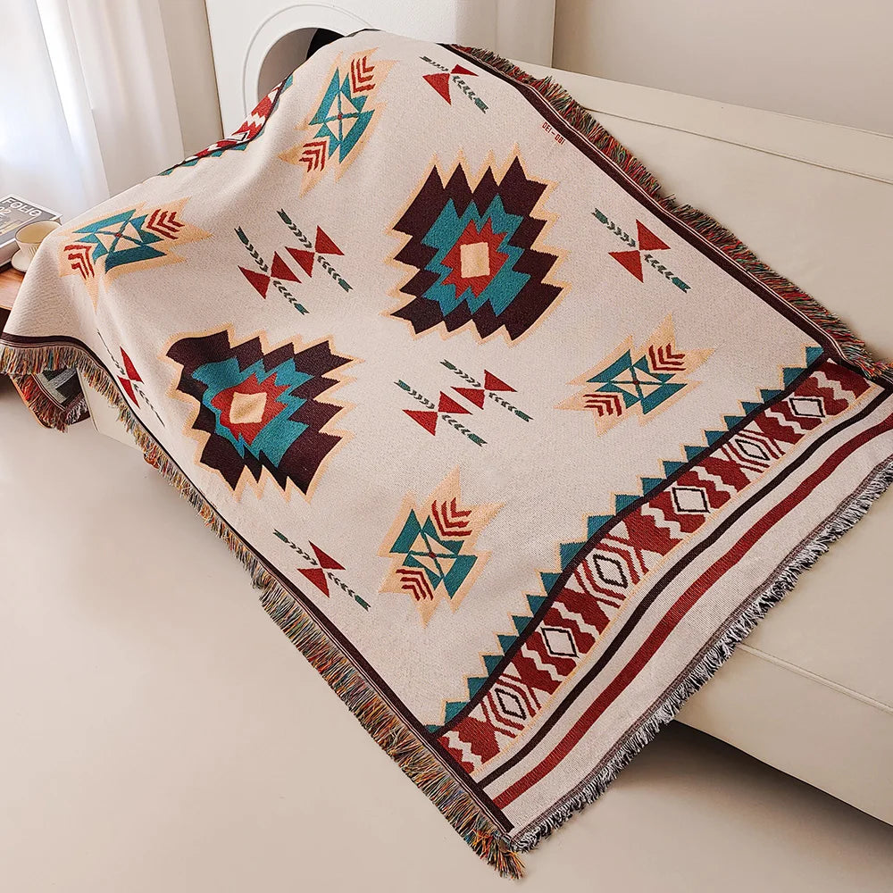 Aztec Boho Oversized Throw Blanket with Fringe