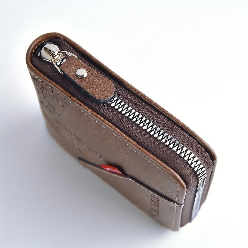 Men's PU Leather Bifold Wallet – Compact Zipper Card Holder
