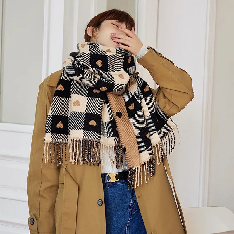 Women's Plaid Winter Scarf – Soft Warm Tassel Shawl
