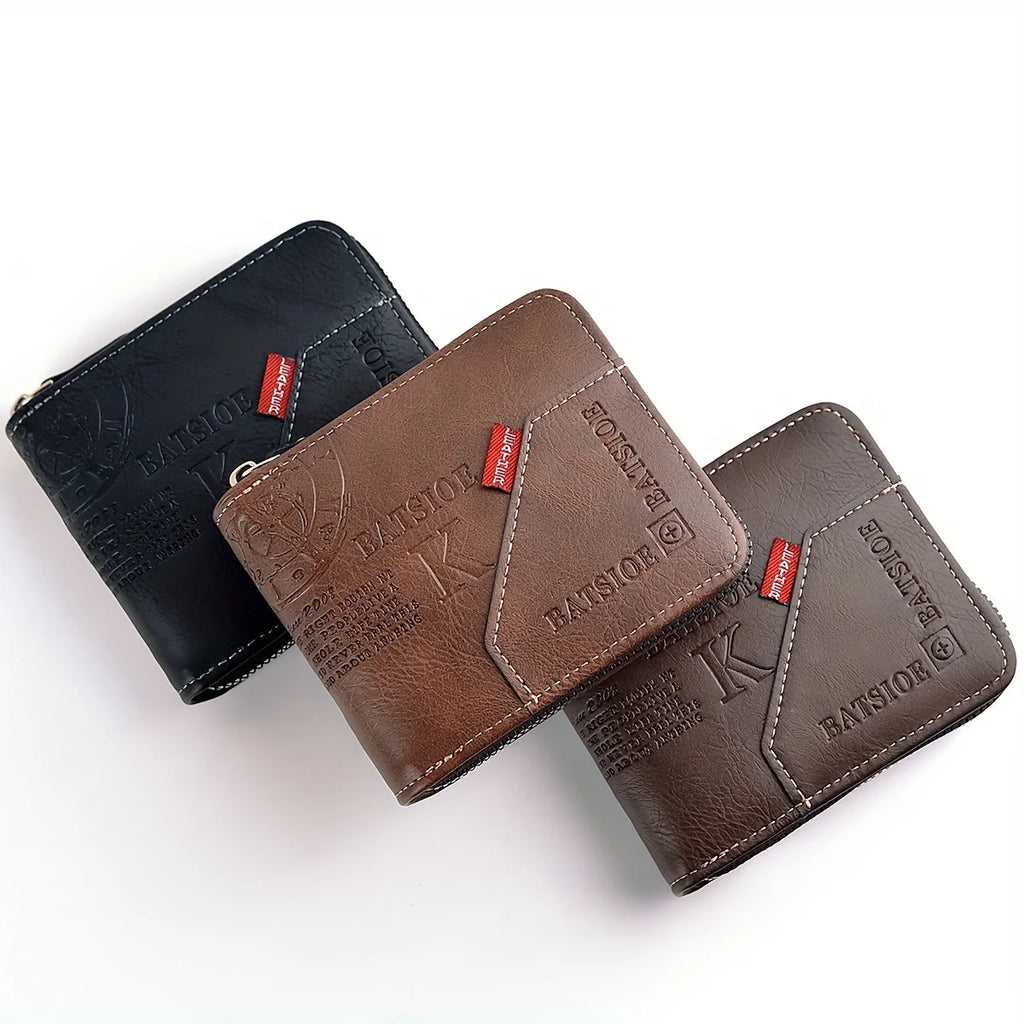 Men's PU Leather Bifold Wallet – Compact Zipper Card Holder