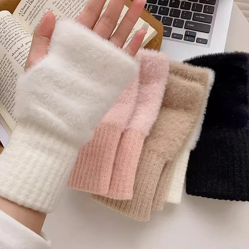 Women's Soft Knit Fingerless Gloves – Warm Winter Half Finger Gloves
