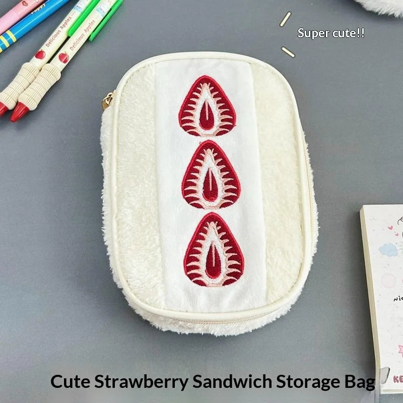 Cute Embroidered Strawberry Pencil Case