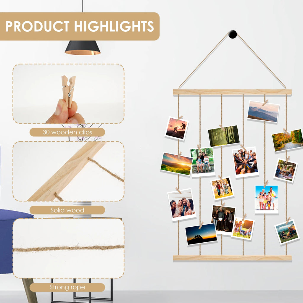 Wooden Hanging Photo Display Holder – Wall Picture & Collage Decor