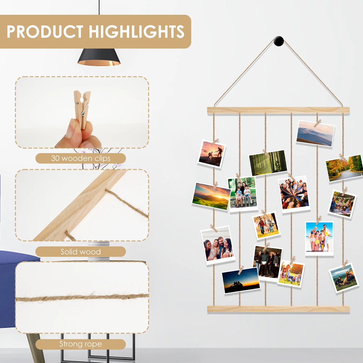 Wooden Hanging Photo Display Holder – Wall Picture & Collage Decor