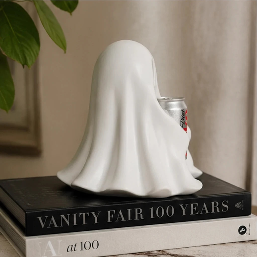 Cute Halloween Ghost Holding Soda Can – Funny Resin Tabletop Decor