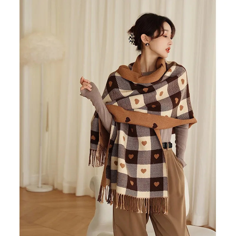 Women's Plaid Winter Scarf – Soft Warm Tassel Shawl