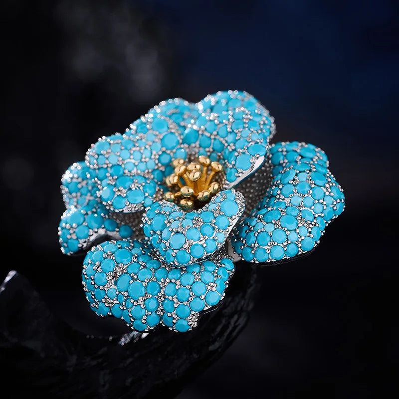 Elegant Blue 3D Flower Brooch for Women