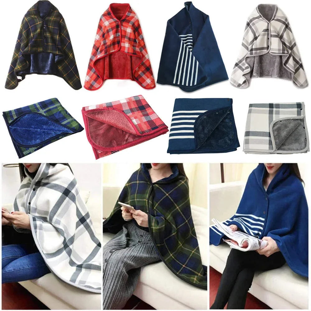 Fleece Wearable Blanket, Plaid Lap Blanket Comfy Poncho Throw