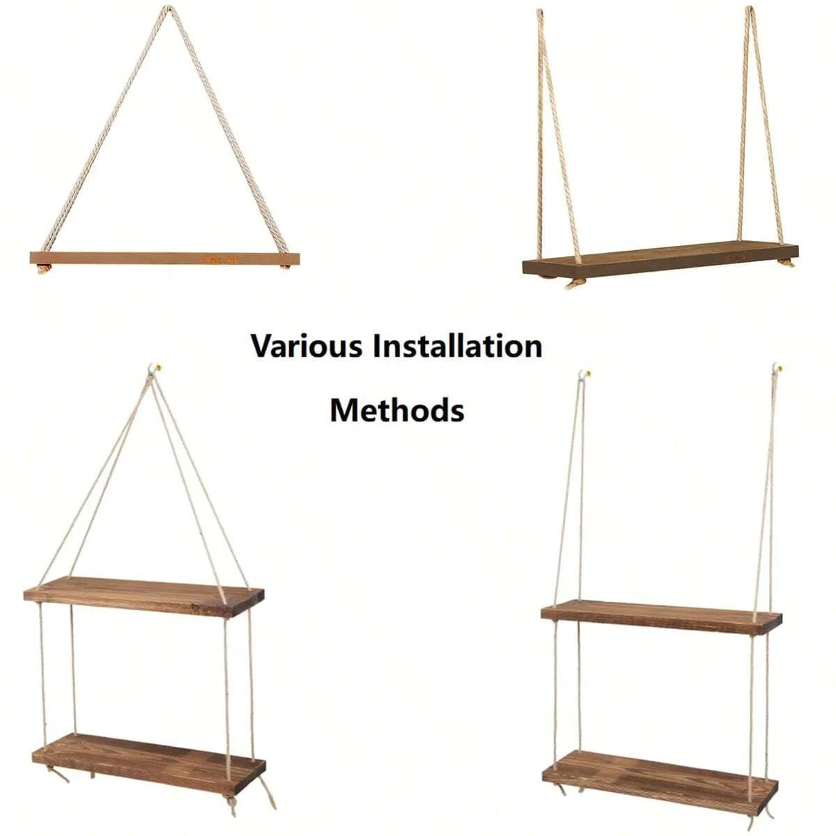 Boho Wooden Hanging Wall Shelf with Rope