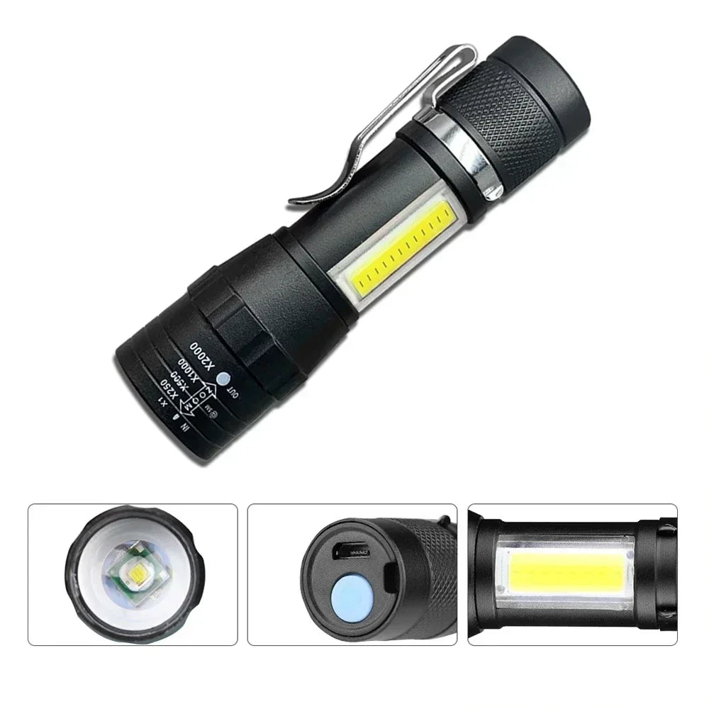 Portable Rechargeable Zoomable LED Flashlight with Pen Clip