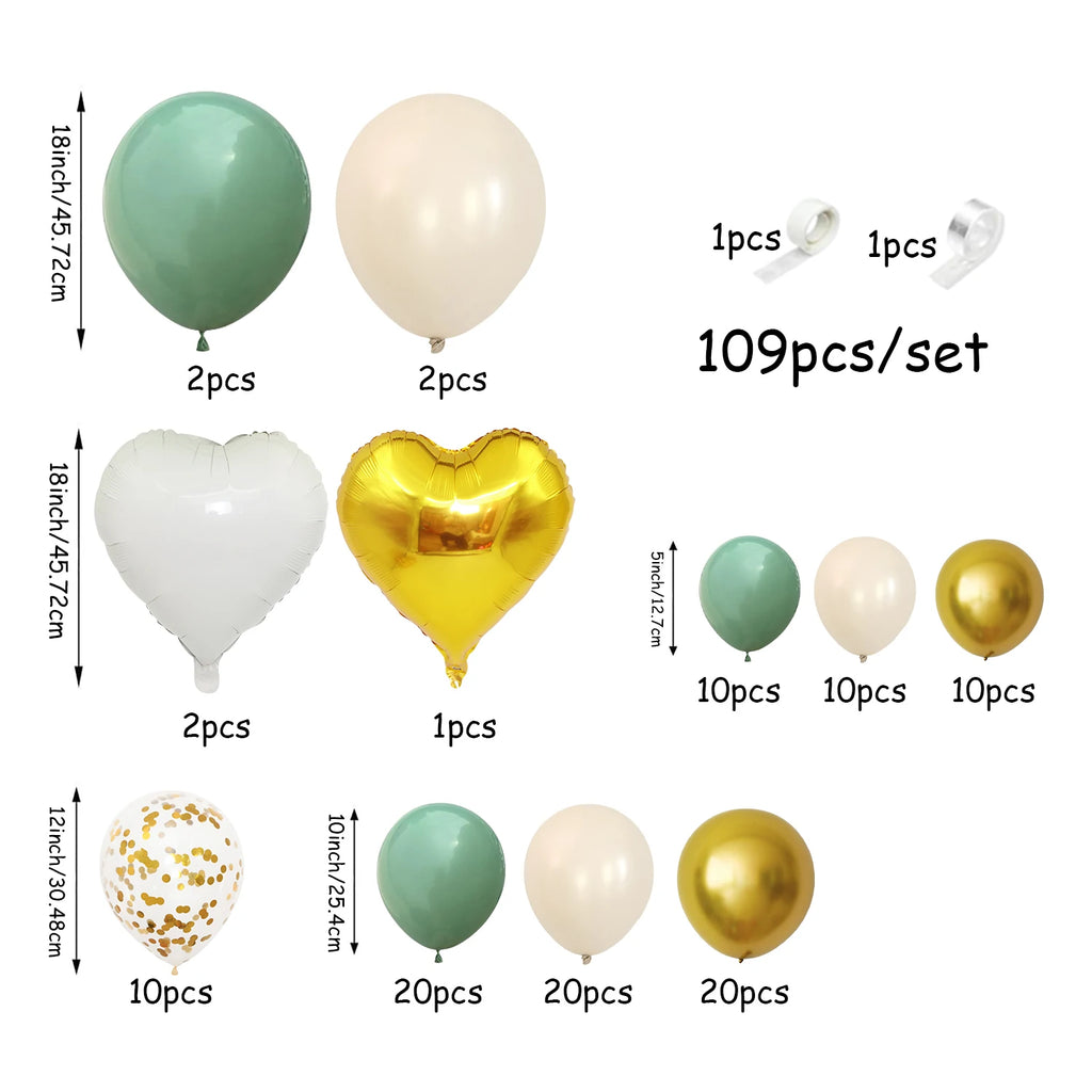 109-Piece Green, White & Gold Balloon Garland Arch Kit