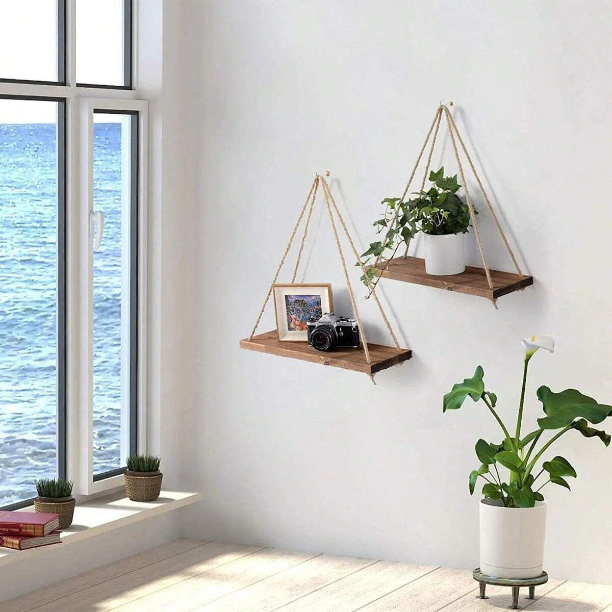 Boho Wooden Hanging Wall Shelf with Rope