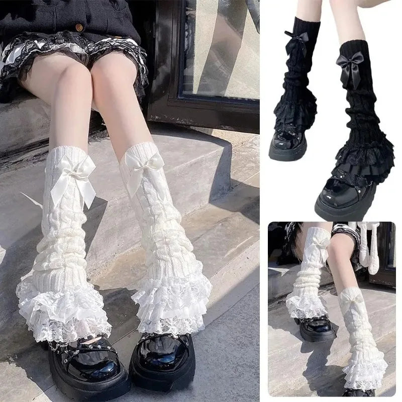 Women's Ruffled Knit Leg Warmers – Lace Bow Boot Socks