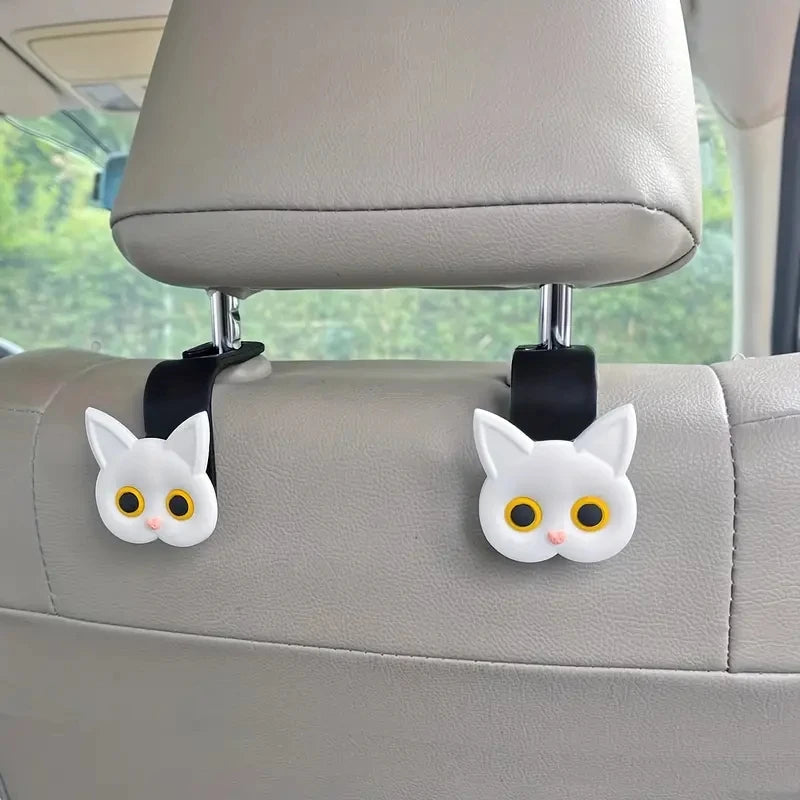 2PCS 3D Cartoon Cat Car Headrest Hooks – Cute Seat Storage Hangers