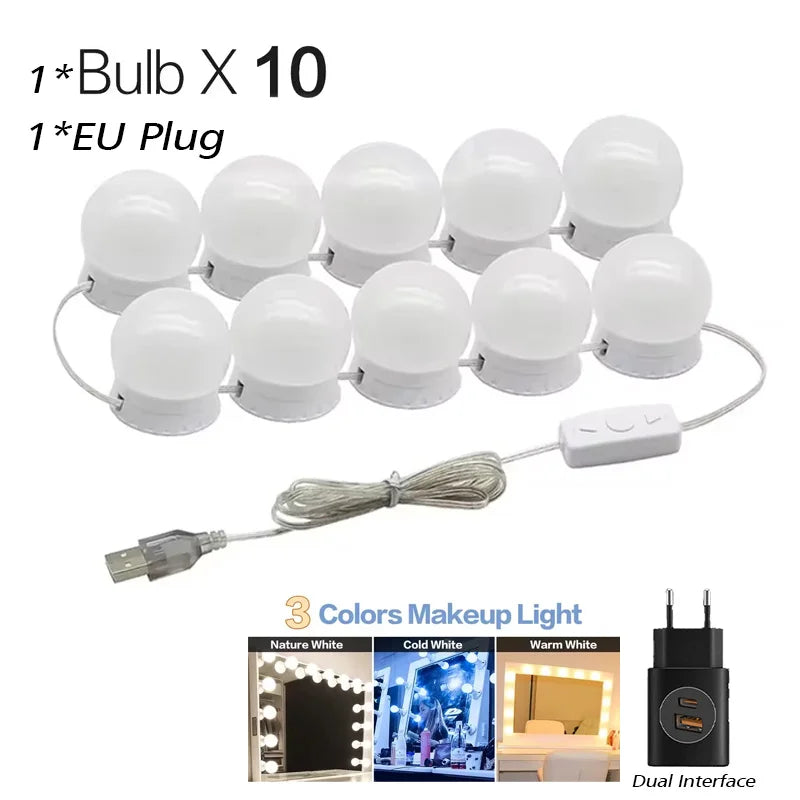 10 LED Vanity Mirror Lights with USB Dimmable Bulbs