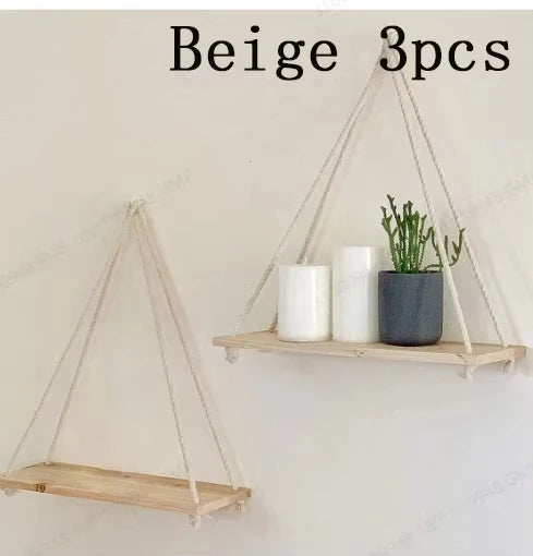Boho Wooden Hanging Wall Shelf with Rope