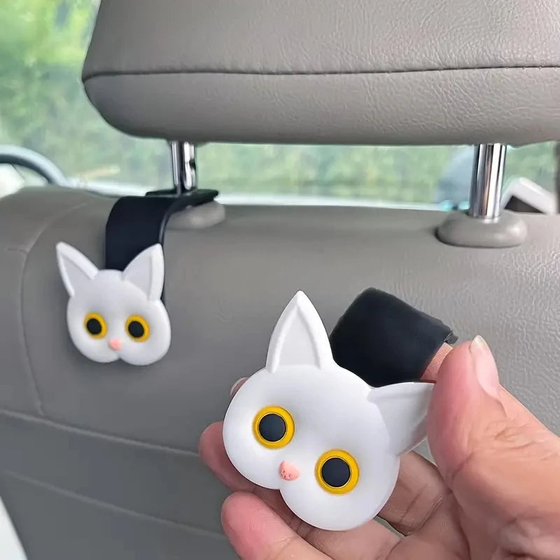 2PCS 3D Cartoon Cat Car Headrest Hooks – Cute Seat Storage Hangers