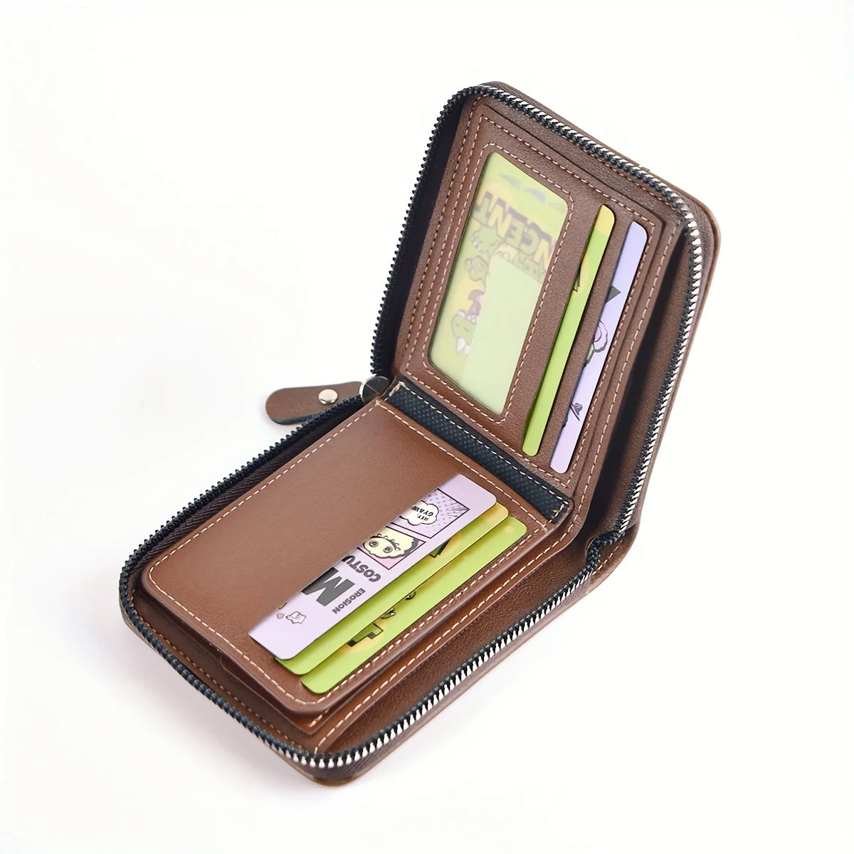 Men's PU Leather Bifold Wallet – Compact Zipper Card Holder