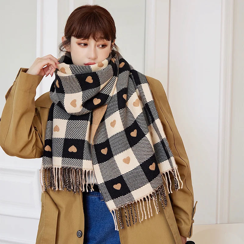 Women's Plaid Winter Scarf – Soft Warm Tassel Shawl
