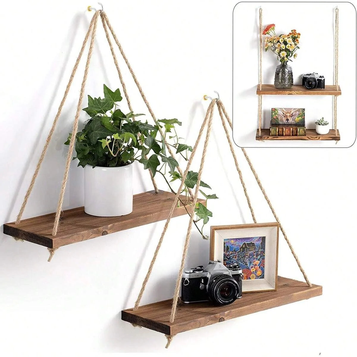 Boho Wooden Hanging Wall Shelf with Rope