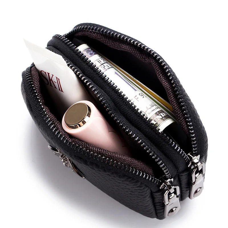 Women's Mini Leather Coin Purse with Double Zipper