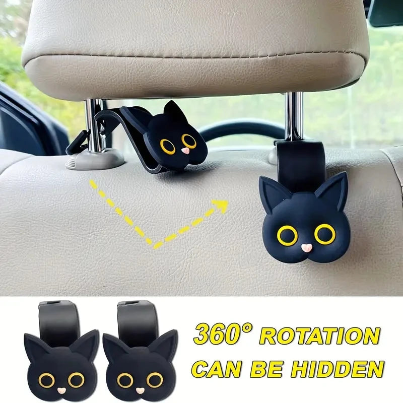 2PCS 3D Cartoon Cat Car Headrest Hooks – Cute Seat Storage Hangers