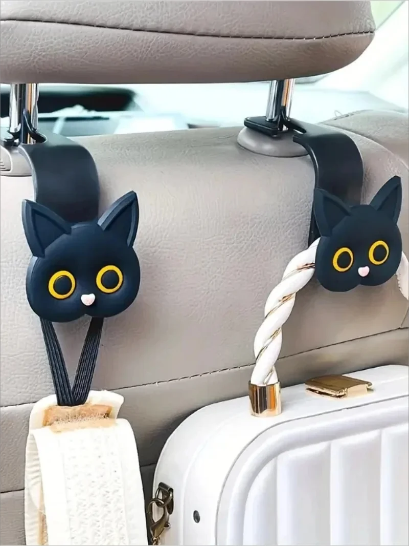 2PCS 3D Cartoon Cat Car Headrest Hooks – Cute Seat Storage Hangers