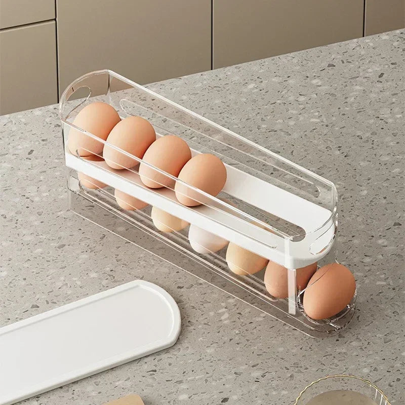 2-Tier Automatic Rolling Egg Organizer – Refrigerator Storage Holder