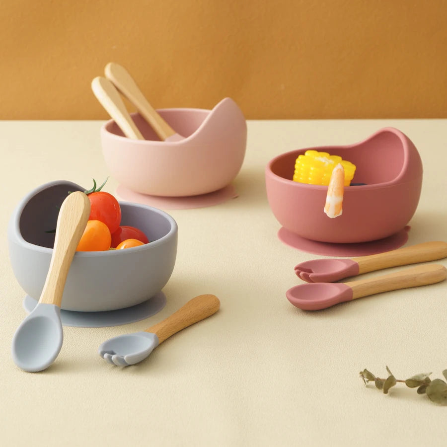 3-Piece Silicone Baby Feeding Set – Suction Bowl & Learning Tableware