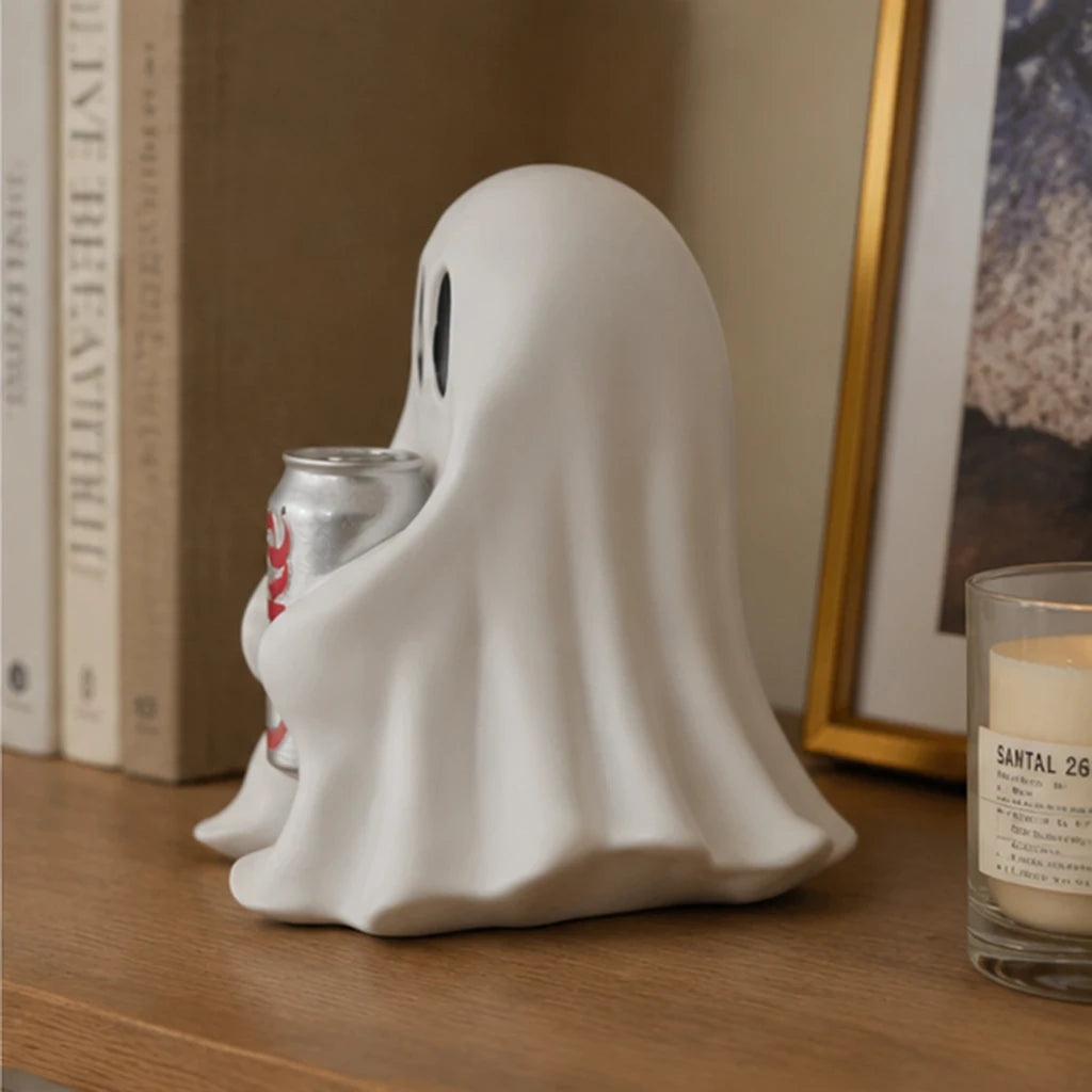 Cute Halloween Ghost Holding Soda Can – Funny Resin Tabletop Decor