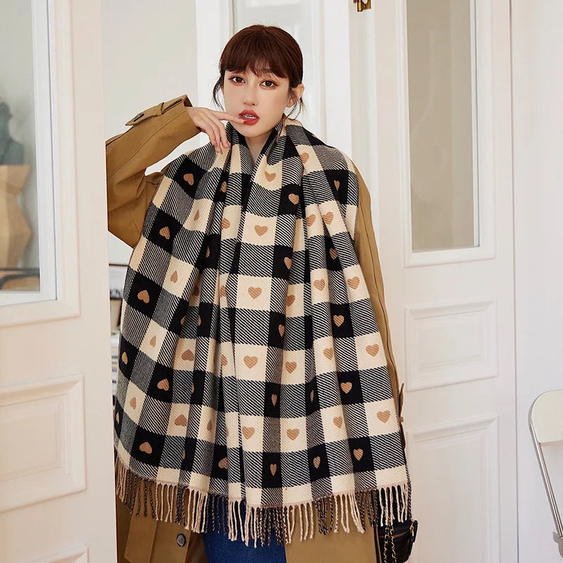 Women's Plaid Winter Scarf – Soft Warm Tassel Shawl