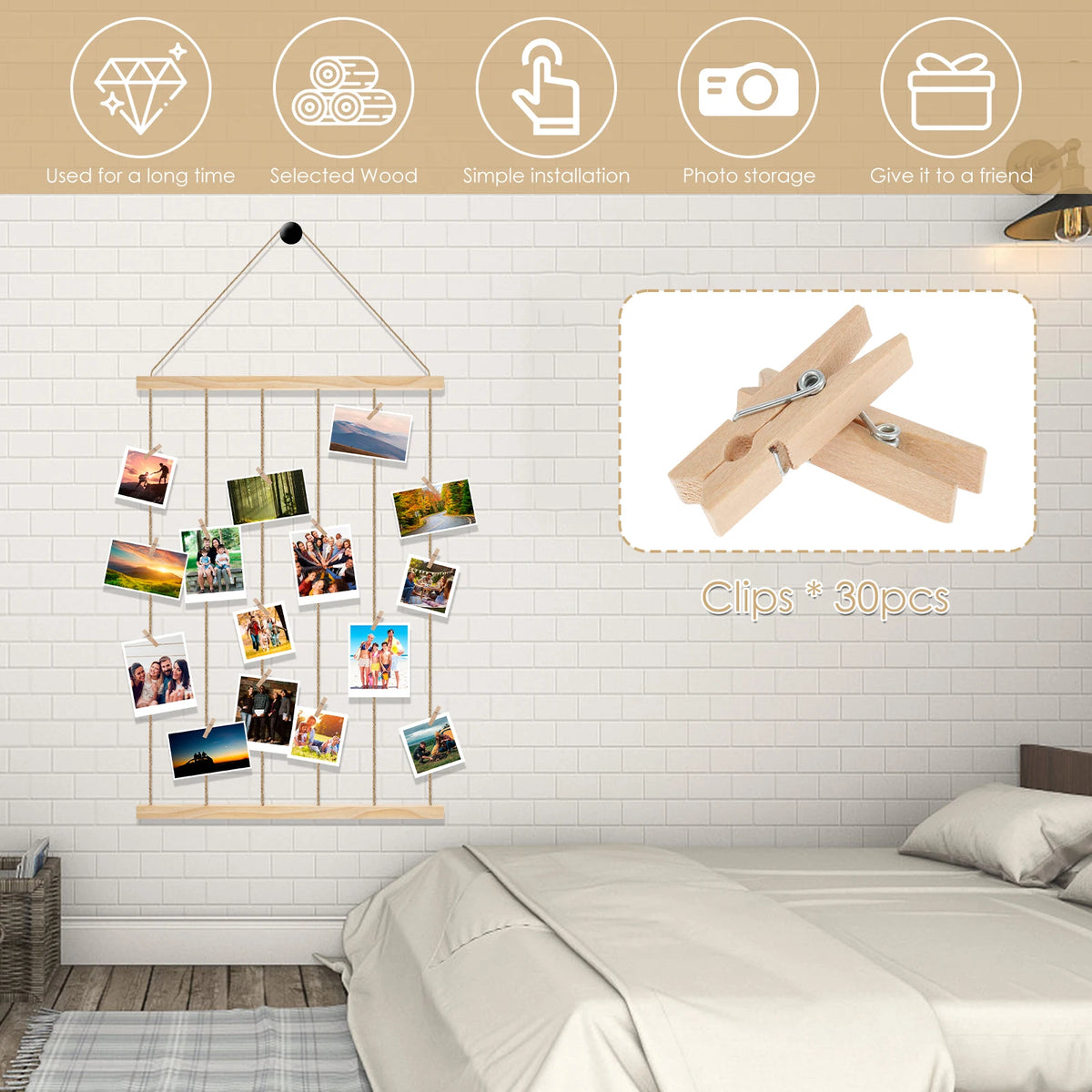 Wooden Hanging Photo Display Holder – Wall Picture & Collage Decor