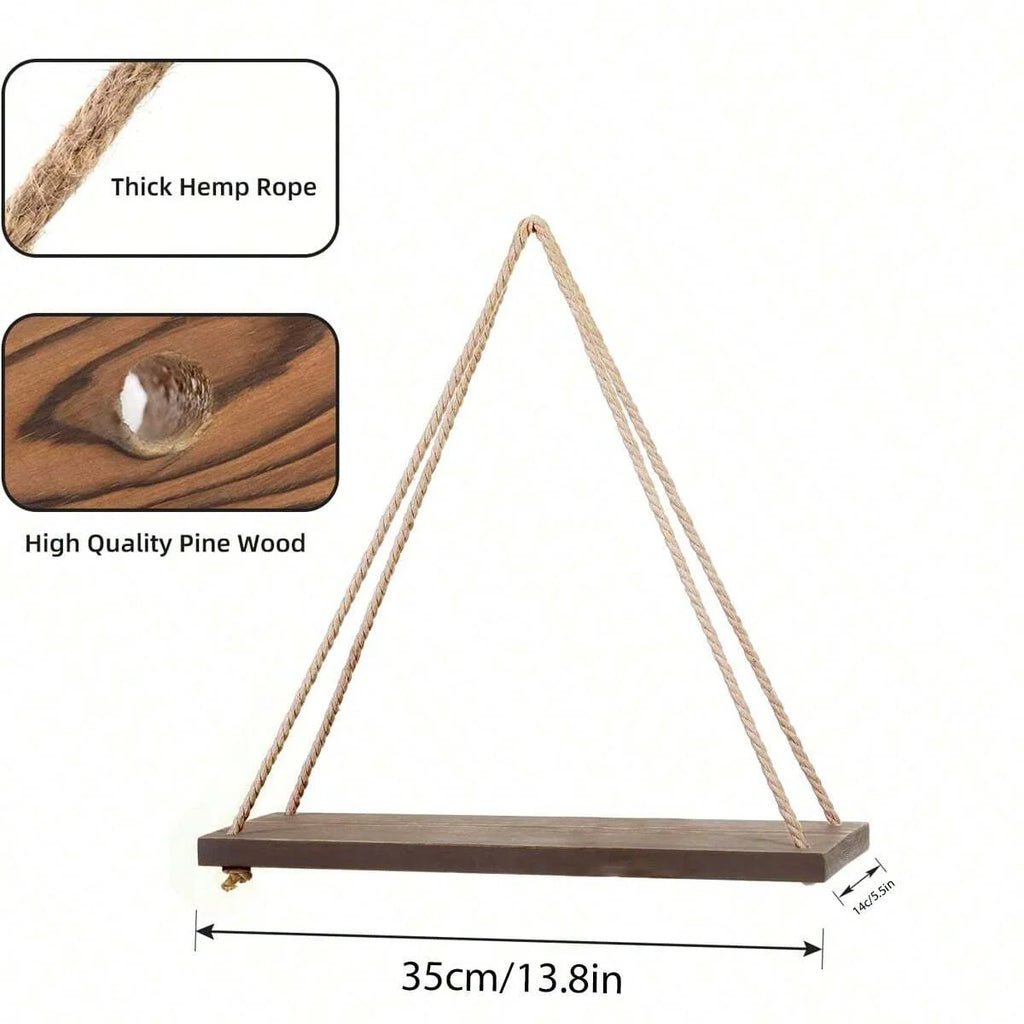 Boho Wooden Hanging Wall Shelf with Rope