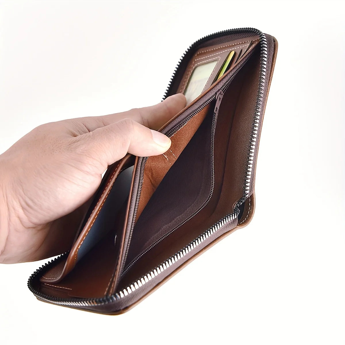 Men's PU Leather Bifold Wallet – Compact Zipper Card Holder
